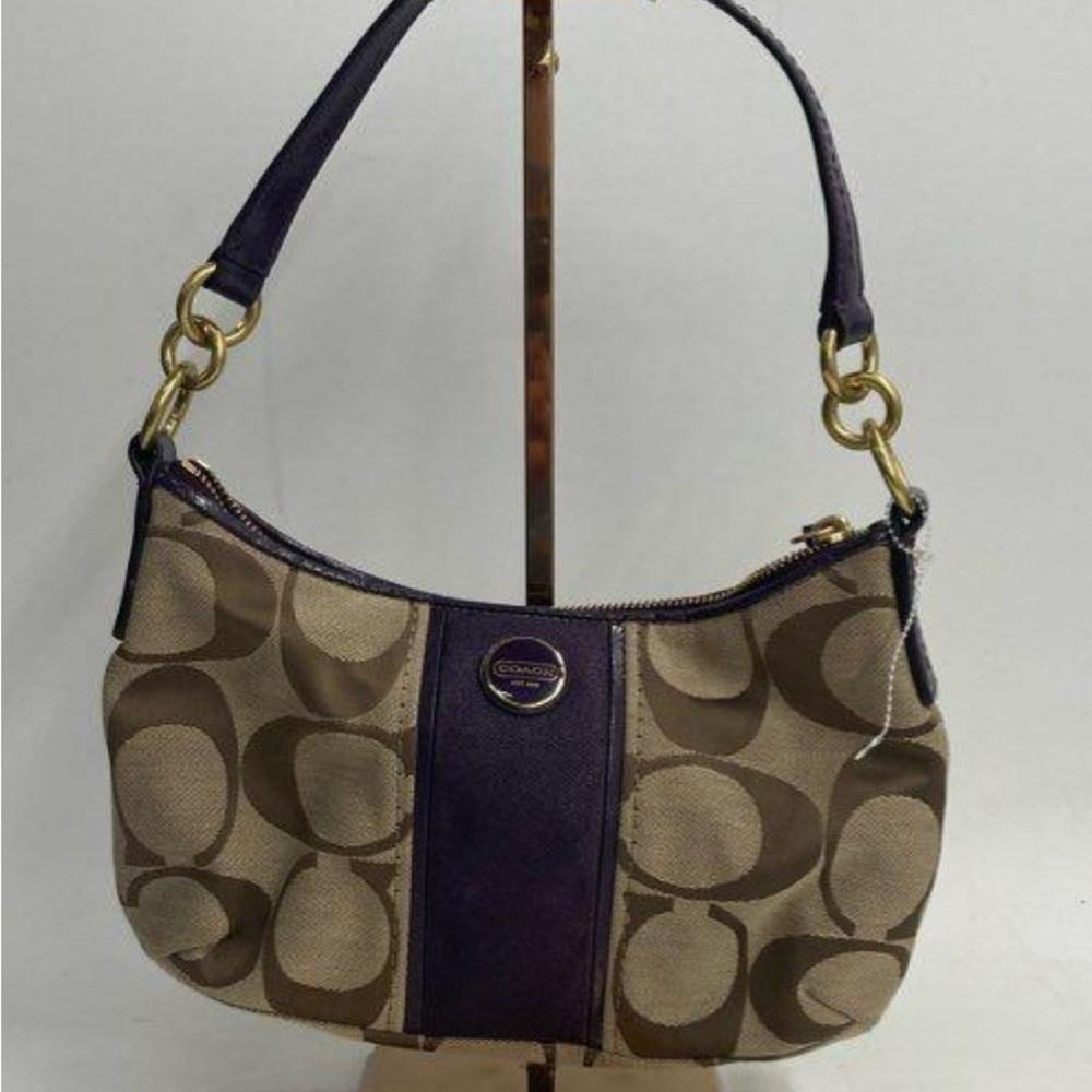 Coach Tan and Purple Shoulder Bag with Signature Monogram